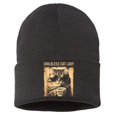 Childless Cat Lady Vintage Coffee Cat Gift Sustainable Knit Beanie