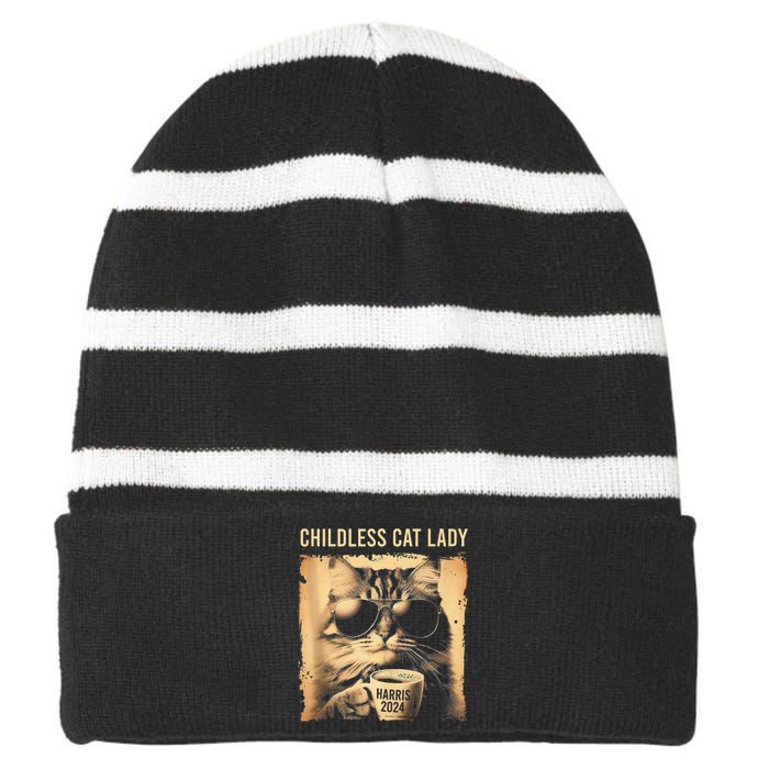 Childless Cat Lady Vintage Coffee Cat Gift Striped Beanie with Solid Band