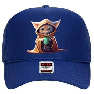 Cat Coffee Lover Kitten Baby Cute Adorable Fan Art Gift High Crown Mesh Back Trucker Hat