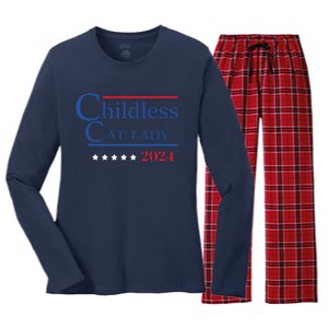 Childless Cat Lady 2024 Ladies Is Voting Kamala Women's Long Sleeve Flannel Pajama Set 