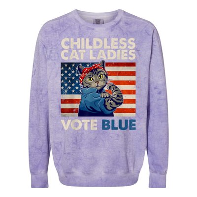 Childless Cat Ladies Vote Blue Vintage Cat Usa Flag Colorblast Crewneck Sweatshirt