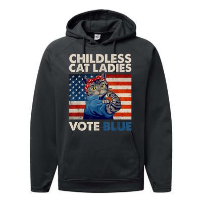 Childless Cat Ladies Vote Blue Vintage Cat Usa Flag Performance Fleece Hoodie