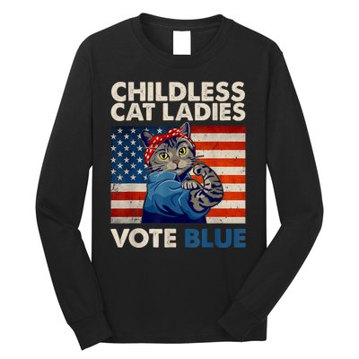 Childless Cat Ladies Vote Blue Vintage Cat Usa Flag Long Sleeve Shirt