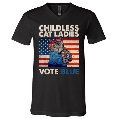 Childless Cat Ladies Vote Blue Vintage Cat Usa Flag V-Neck T-Shirt