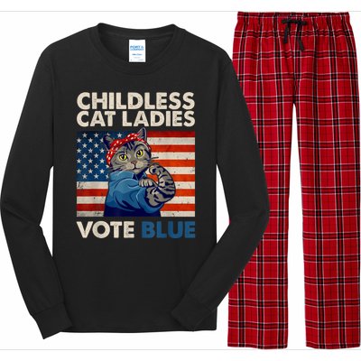 Childless Cat Ladies Vote Blue Vintage Cat Usa Flag Long Sleeve Pajama Set