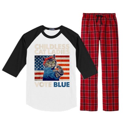 Childless Cat Ladies Vote Blue Vintage Cat Usa Flag Raglan Sleeve Pajama Set