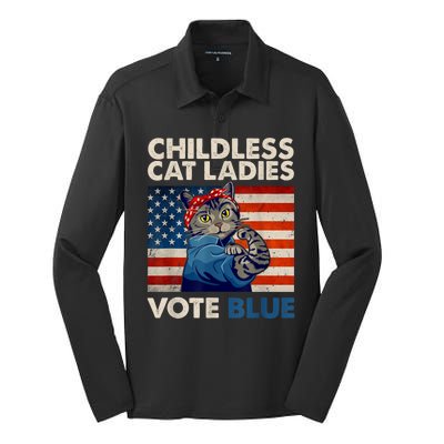 Childless Cat Ladies Vote Blue Vintage Cat Usa Flag Silk Touch Performance Long Sleeve Polo