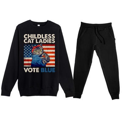 Childless Cat Ladies Vote Blue Vintage Cat Usa Flag Premium Crewneck Sweatsuit Set