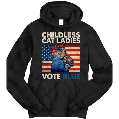 Childless Cat Ladies Vote Blue Vintage Cat Usa Flag Tie Dye Hoodie