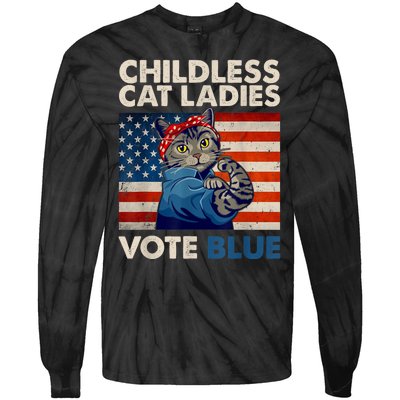 Childless Cat Ladies Vote Blue Vintage Cat Usa Flag Tie-Dye Long Sleeve Shirt