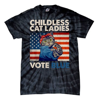 Childless Cat Ladies Vote Blue Vintage Cat Usa Flag Tie-Dye T-Shirt