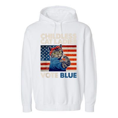 Childless Cat Ladies Vote Blue Vintage Cat Usa Flag Garment-Dyed Fleece Hoodie