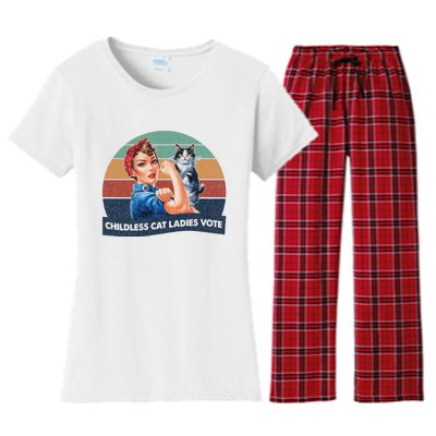 Childless Cat Ladies Vote Rosie The Riveter Vintage Women's Flannel Pajama Set