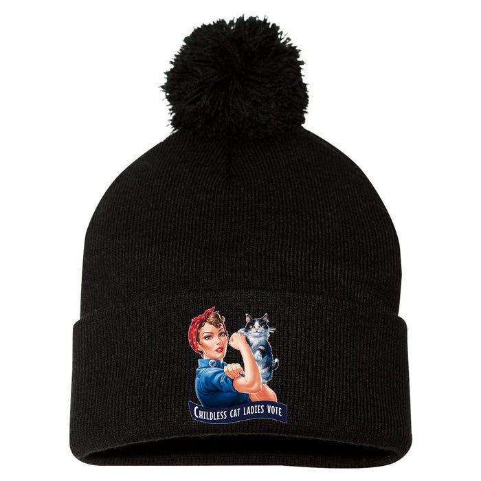 Childless Cat Ladies Vote Rosie The Riveter Pom Pom 12in Knit Beanie