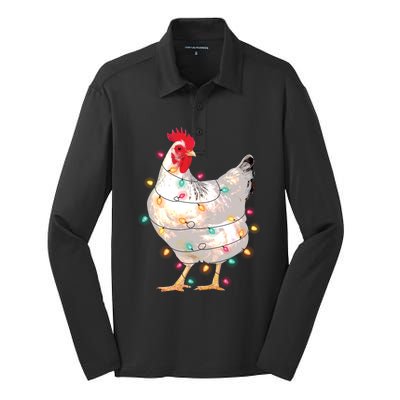 Chicken Christmas Lights With Santa Hat Funny Pajamas Gift Silk Touch Performance Long Sleeve Polo