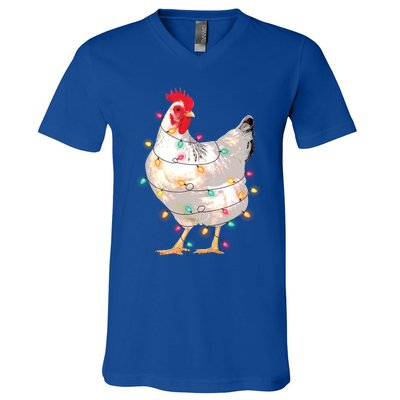 Chicken Christmas Lights With Santa Hat Funny Pajamas Gift V-Neck T-Shirt