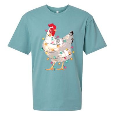 Chicken Christmas Lights With Santa Hat Funny Pajamas Gift Sueded Cloud Jersey T-Shirt