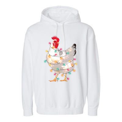 Chicken Christmas Lights With Santa Hat Funny Pajamas Gift Garment-Dyed Fleece Hoodie