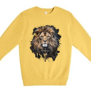 Christian Cross Lion Of Judah Religious Faith Jesus Pastor Gift Premium Crewneck Sweatshirt