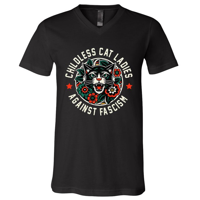 Childless Cat Ladies Against Fascism V-Neck T-Shirt