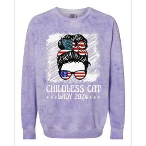 Childless Cat Lady 2024 Groovy Messy Bun American Flag Colorblast Crewneck Sweatshirt