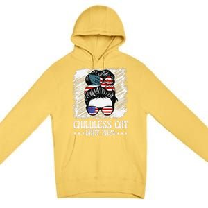 Childless Cat Lady 2024 Groovy Messy Bun American Flag Premium Pullover Hoodie