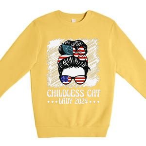 Childless Cat Lady 2024 Groovy Messy Bun American Flag Premium Crewneck Sweatshirt