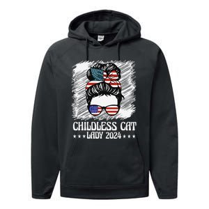 Childless Cat Lady 2024 Groovy Messy Bun American Flag Performance Fleece Hoodie