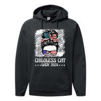 Childless Cat Lady 2024 Groovy Messy Bun American Flag Performance Fleece Hoodie