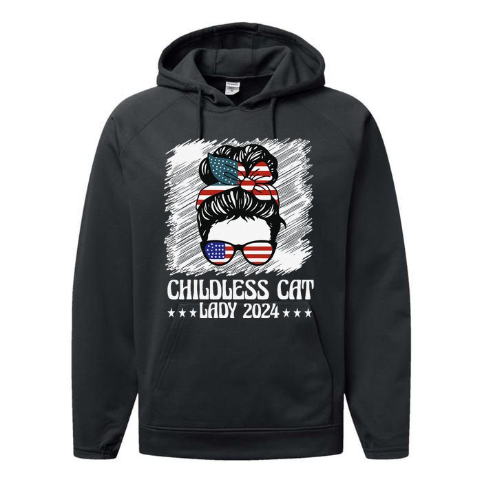 Childless Cat Lady 2024 Groovy Messy Bun American Flag Performance Fleece Hoodie