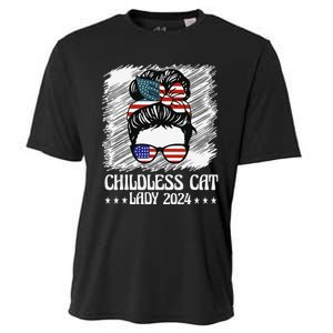 Childless Cat Lady 2024 Groovy Messy Bun American Flag Cooling Performance Crew T-Shirt