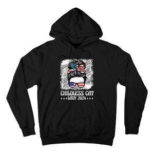 Childless Cat Lady 2024 Groovy Messy Bun American Flag Hoodie