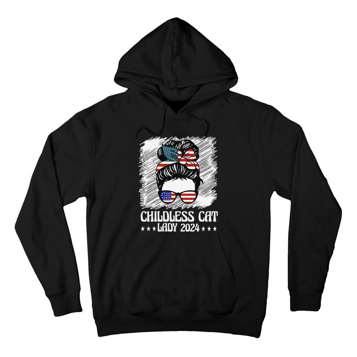 Childless Cat Lady 2024 Groovy Messy Bun American Flag Hoodie