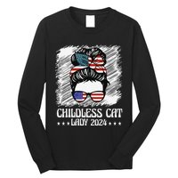 Childless Cat Lady 2024 Groovy Messy Bun American Flag Long Sleeve Shirt