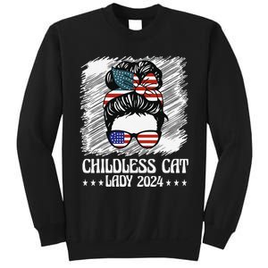 Childless Cat Lady 2024 Groovy Messy Bun American Flag Sweatshirt