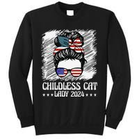 Childless Cat Lady 2024 Groovy Messy Bun American Flag Sweatshirt