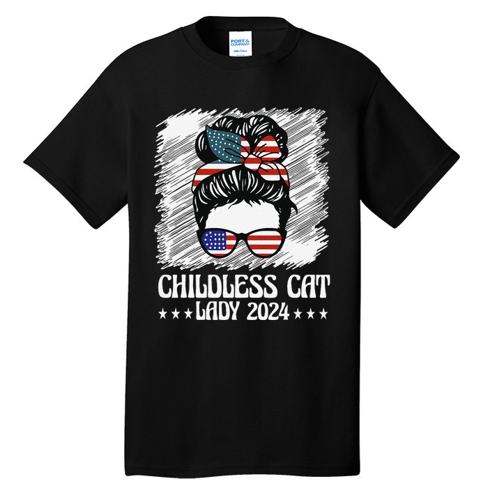 Childless Cat Lady 2024 Groovy Messy Bun American Flag Tall T-Shirt