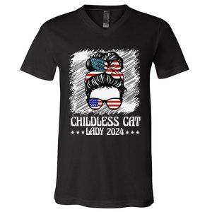 Childless Cat Lady 2024 Groovy Messy Bun American Flag V-Neck T-Shirt