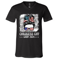 Childless Cat Lady 2024 Groovy Messy Bun American Flag V-Neck T-Shirt