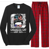 Childless Cat Lady 2024 Groovy Messy Bun American Flag Long Sleeve Pajama Set