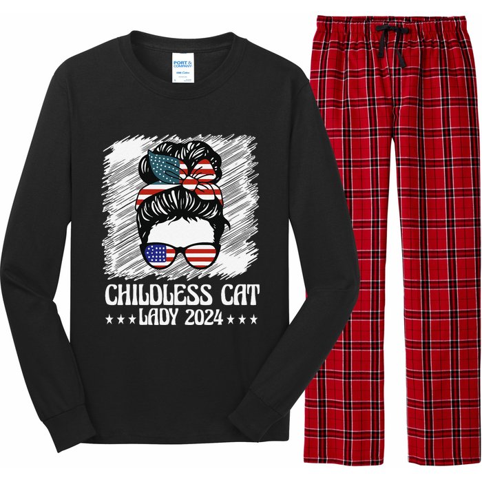 Childless Cat Lady 2024 Groovy Messy Bun American Flag Long Sleeve Pajama Set