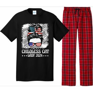 Childless Cat Lady 2024 Groovy Messy Bun American Flag Pajama Set