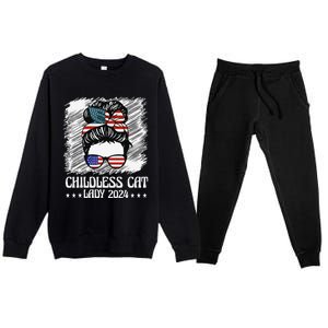 Childless Cat Lady 2024 Groovy Messy Bun American Flag Premium Crewneck Sweatsuit Set