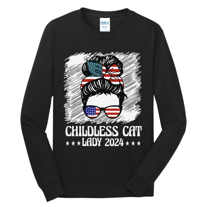 Childless Cat Lady 2024 Groovy Messy Bun American Flag Tall Long Sleeve T-Shirt