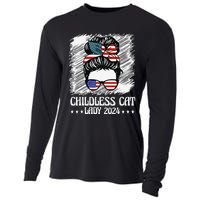 Childless Cat Lady 2024 Groovy Messy Bun American Flag Cooling Performance Long Sleeve Crew