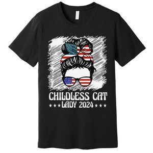 Childless Cat Lady 2024 Groovy Messy Bun American Flag Premium T-Shirt