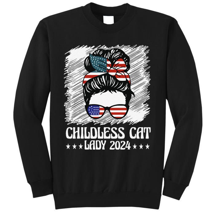 Childless Cat Lady 2024 Groovy Messy Bun American Flag Tall Sweatshirt