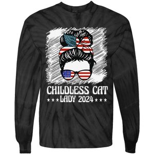 Childless Cat Lady 2024 Groovy Messy Bun American Flag Tie-Dye Long Sleeve Shirt