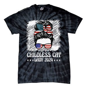 Childless Cat Lady 2024 Groovy Messy Bun American Flag Tie-Dye T-Shirt