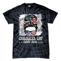 Childless Cat Lady 2024 Groovy Messy Bun American Flag Tie-Dye T-Shirt